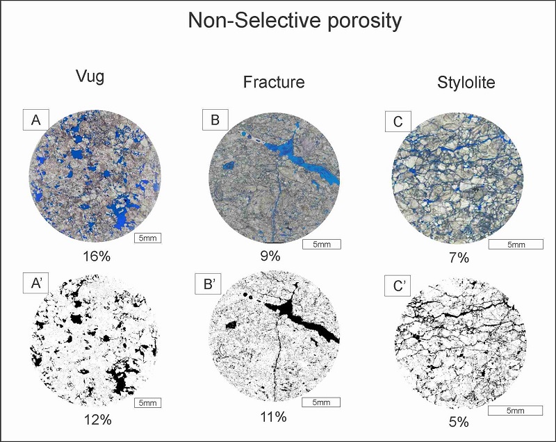 A. thin-section showing the vug porosity type and laboratory measurement; A’. 2D binary image showing the vug porosity type and ADI result; B. thin-section showing the fracture porosity type and laboratory measurement; B’. 2D binary image showing the fracture porosity type and ADI result; C. thin-section showing the stylolite porosity type and laboratory measurement; C’. 2D binary image showing the stylolite porosity type and ADI result.