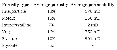 Summary of the average porosity and permeability for each porosity type.