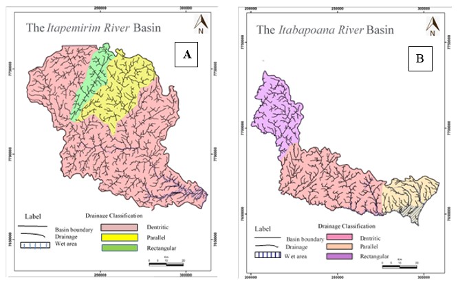 The hydrographic basins: A. Itapemirim River; B. Itabapoana River. Modified from CPRM (1997).