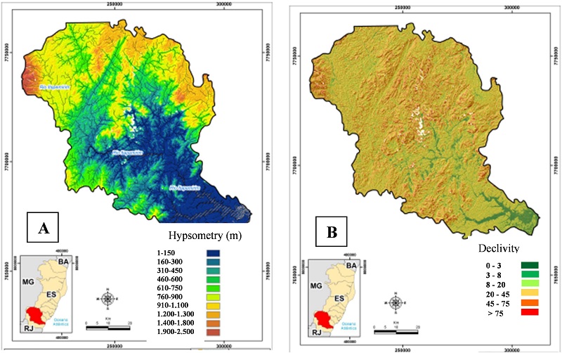 Itapemirim River Basin: A. Hypsometry; B. Declivity.