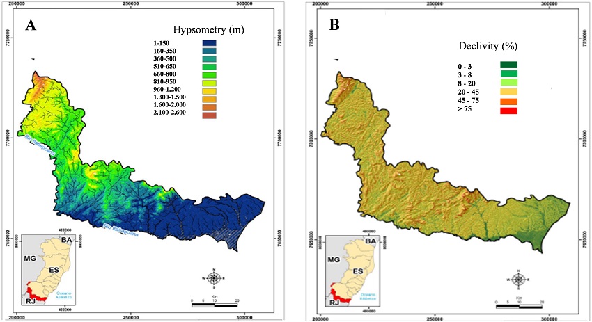 Itabapoana River Basin: A. Hypsometry; B. Declivity.