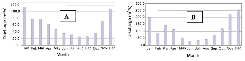 Monthly flow rates recorded in the fluviometric stations: A. Station Data 57770000; B. Station Data 57880000.