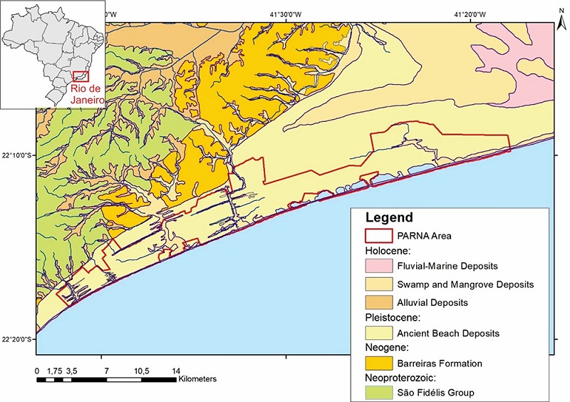 Geological map of the study area. Pleistocene beach ridges are represented in yellow color and the PARNA Jurubatiba area is delimited by the red polygon. Modified from CPRM (2018).