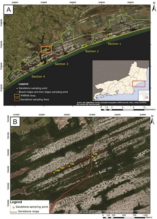 A. Sampling points of the beach ridges and inter-ridges sediments (red) and sedimentary rocks within the Campos - Macaé Canal (yellow). The green polygon delimits the PARNA Jurubatiba area; the orange polygon presents the distribution of the sampling points on the margins of the Campos - Macaé Canal, being zoomed in B.