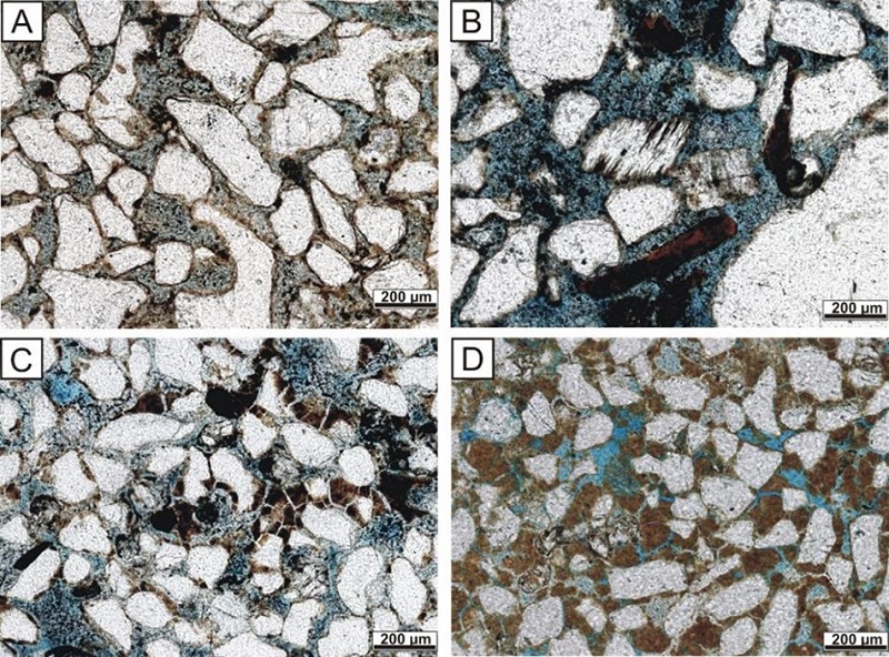 Microscopic characteristics of the sandstones on the Campos - Macaé Canal margins: A. Mechanical infiltrated clay mineral as continuous coatings; B. Dissolved orthoclase grain; C. Clay minerals and iron oxide / hydroxides concentration forming bridges between grains and shrinkage pores; D. Ridges and bridges composed of clay minerals and iron oxide / hydroxides, sometimes with shrinkage pores.