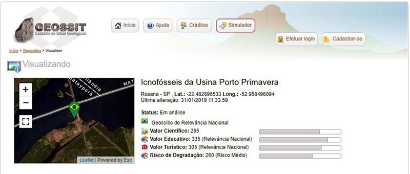 The Porto Primavera ichnofossil geosite classification, as National Relevance, by the GEOSSIT app. Source: CPRM (2021).