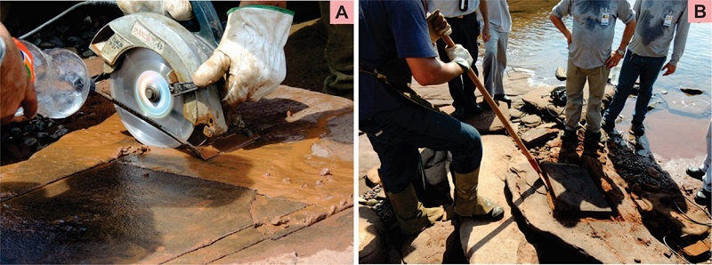 . Testing sandstone cutting methods using a circular saw to remove slabs by researchers and CESP engineers and technicians on 6-8 November 2012.