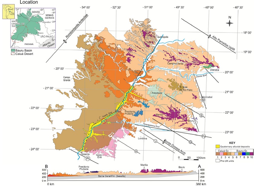Geological map of the Bauru Basin. Lithostratigraphy: 1. Rio Paraná Formation. 2. Goio Erê Formation. 3. Santo Anastácio Formation. 4. Undivided Caiuá Group. 5. Vale do Rio do Peixe Formation. 6. Araçatuba Formation. 7. São José do Rio Preto Formation. 8. Presidente Prudente Formation. 9. Uberaba Formation. 10. Marília Formation. Structural alignments: Piquirí River (Pi), Alonzo River (A), São Jerônimo-Curiúva (J), Guapiara (G), Paranapanema (Pp), Ibitinga-Botucatu (I), Moji Guaçú River (M), São Carlos-Leme (S), Paraná River (P). Red circle: geosite location. Modified from Fernandes and Magalhães-Ribeiro (2015).