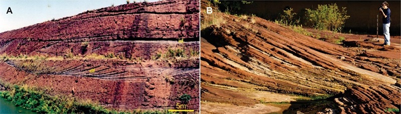 Rio Paraná Formation: brown purplish to reddish quartzarenites with large cross-bedding of foreset dune (df) and minor dry interdune deposits (id); B. Dune foreset deposits showing typical large cross-bedding. Photo B by J. Brilha (2016).