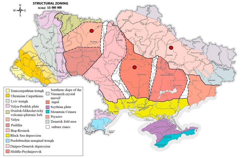 Location of the Krasnokutsk, Zlobich, and Birzuliv deposits on the tectonic map of Ukraine.