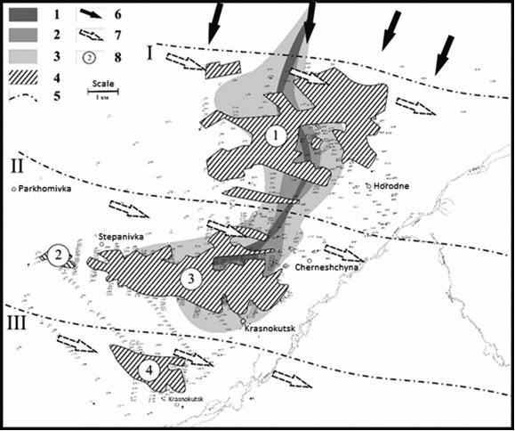 Paleogeographic scheme of the Krasnokutsk deposit of the Middle Novi Petrivtsi subsuite.