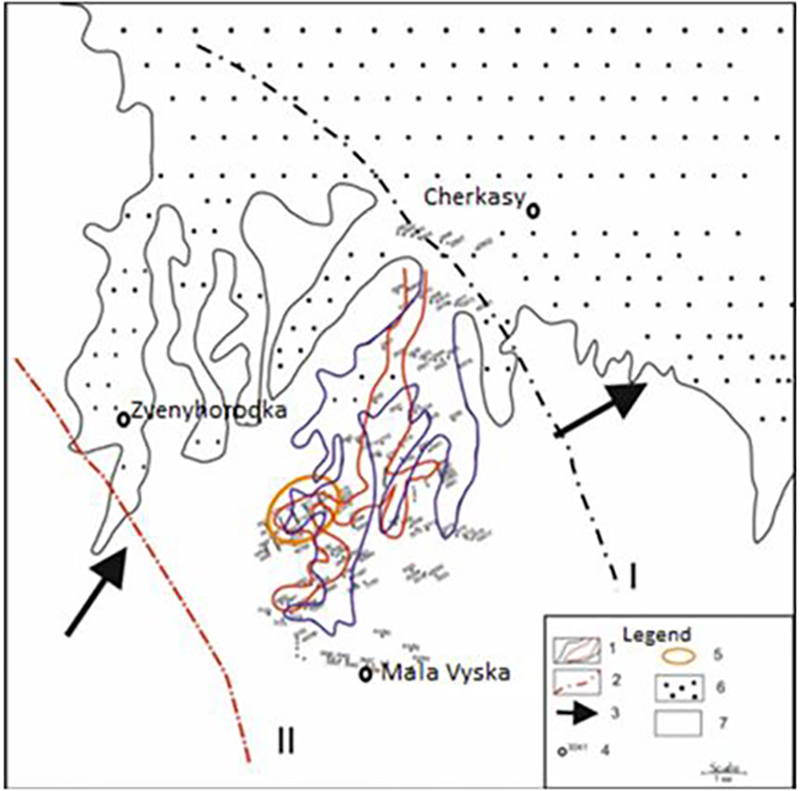 Paleogeographic scheme of the upper paleocourse of the Lebedyn-Balakleya paleovalley.