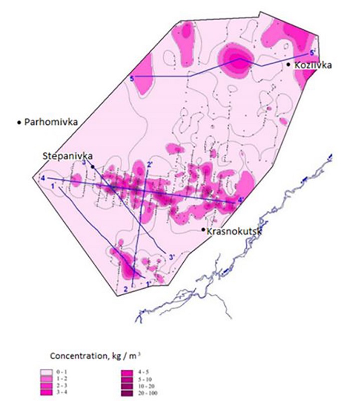Distribution of the average ilmenite content on the territory of the Krasnokutsk deposit.