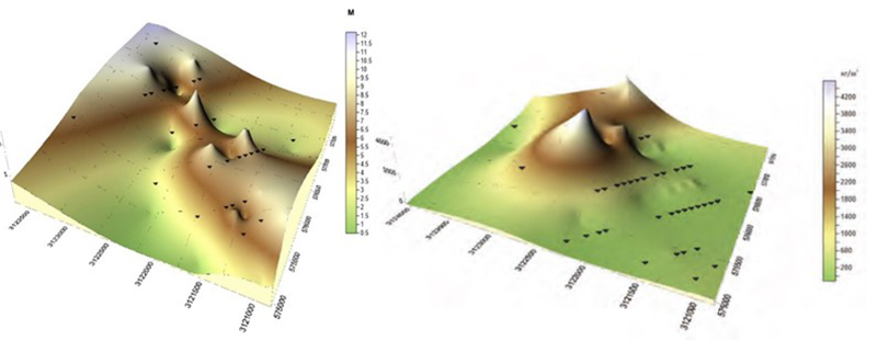 Thickness and level of ilmenite continental deposits of the Birzuliv placer.