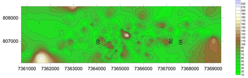 Distribution of the average ilmenite content on the territory of the Zlobychi deposit, kg/m3.