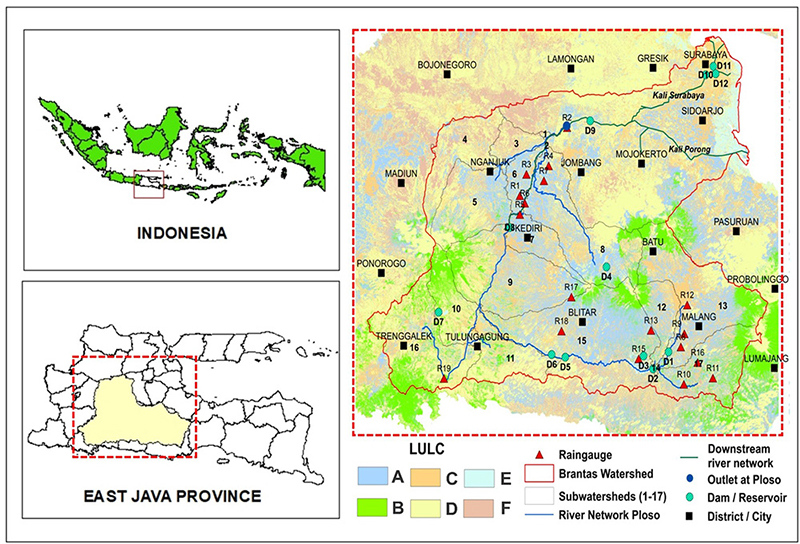 Study site with Land use and land cover: A. Irrigated paddy; B. Forest-Plantation; C. Settlement or pavement area; D. heterogeneous agricultural land; E. Shrubs land; F. Water Bodies.