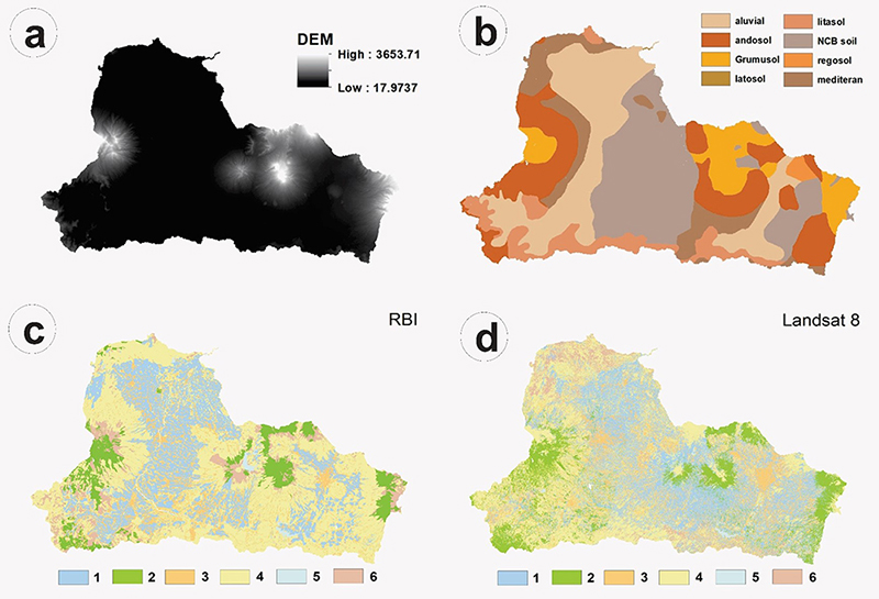 Input data: A. Altitude (m); B. Soil Type; C. Land cover (2001); D. Land cover (2015). 1. Irrigated paddy; 2. Forest-Plantation; 3. Settlement or pavement area; 4. Heterogeneous agriculture land; 5. Shrubs land; 6. Water Bodies.
