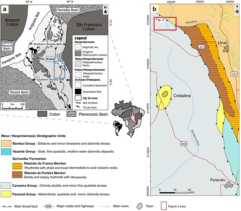 Schematic geologic maps showing: A. Location of the study area in South America, relative to the main cratons and in the Bras�lia Fold Belt, the blue polygon outlines the area of Figure 1B; B. Location study area in the southern Bras�lia Belt, the red polygon outlines the area of Figure 2 (modified from Dardenne 2000; Campos et al. 2021).