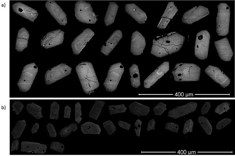 Images of scanning electron microscopy - SEM: A. Area I sample; and B. Sample from Area II. Spots made in the center of the zircon grains.