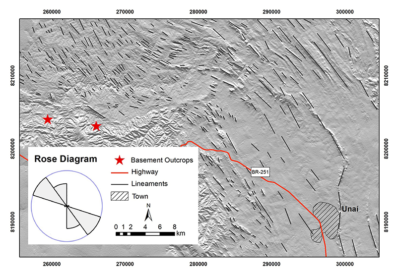 Regional structural map. The rose diagram indicates the preferential direction of the lineaments.