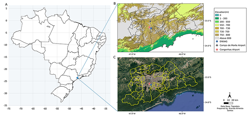 A. Brazilian States; B. Topography (in meters. Source: EMBRAPA); C. Google Satellite (Source: Google Earth); Location of EM/IAG (blue circle), Congonhas Airport (red airplane) and Campo de Marte Airport (black airplane) inside the city of S�o Paulo, and the limits of other cities of the Metropolitan Area.