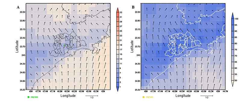 July 27, 2007 at 19 LT data: A. Temperature (�C, shaded); B. Relative humidity (%, shaded) and wind (m.s-1, vector). The map represents the metropolitan area of S�o Paulo and the green dot represents EM/IAG.