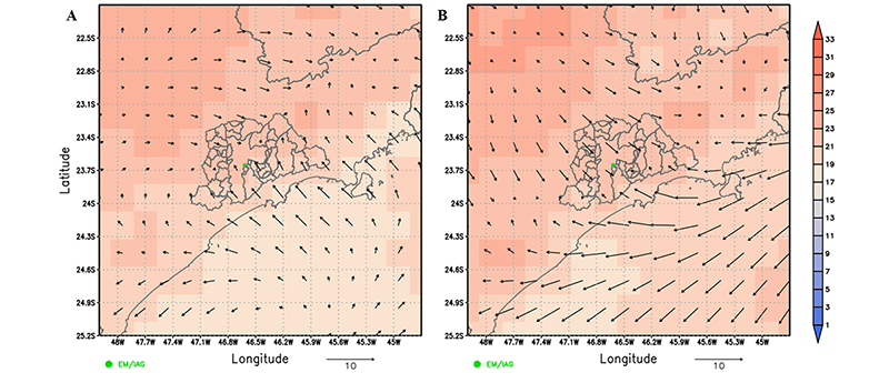 Temperature fields at 2 m (�C, shaded) and wind at 10 m (m s-1, vector) from ERA5 at 16 LT on: A. 02 July 2007; B. 03 July 2007. The map represents the metropolitan area and state limits of S�o Paulo and the green dot represnts EM/IAG.