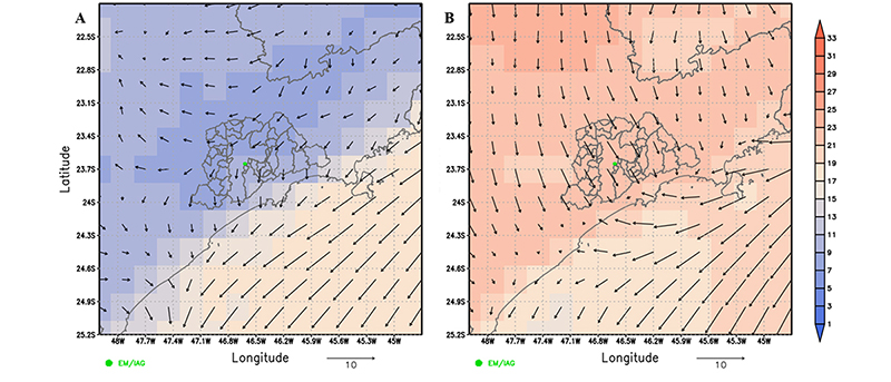 Temperature (�C, shaded) and wind (m s-1, vector) fields from ERA5: A. 07 LT July 20, 2007; B. 13 LT July 20, 2007. The map represents the metropolitan area and state limits of S�o Paulo and the green dot represnts EM/IAG.