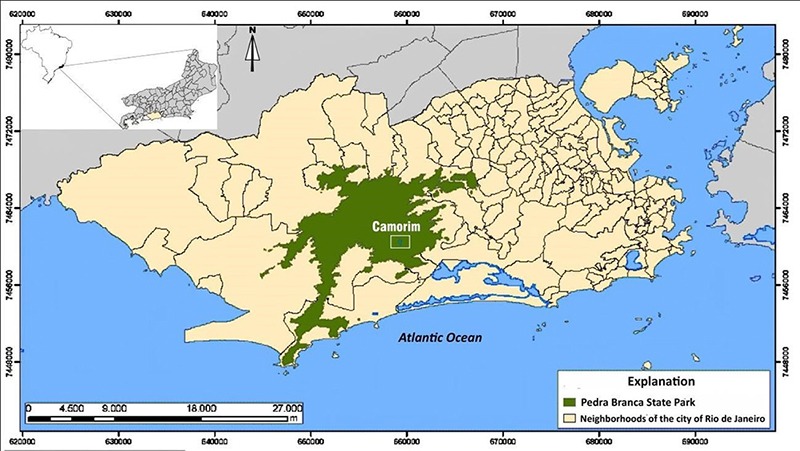 Location of the Camorim dam inside the Pedra Branca State Park, in Rio de Janeiro city. 