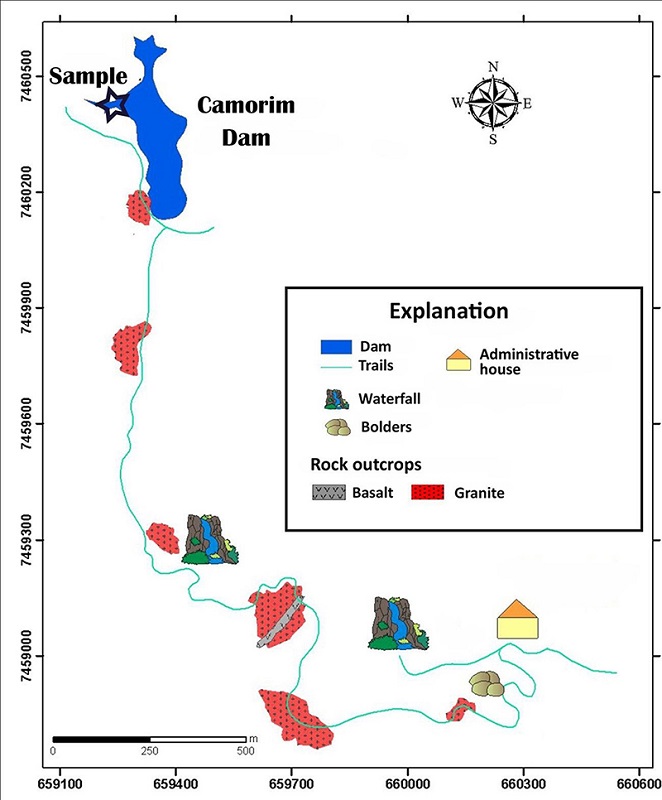 Location of the collected core at the Camorim dam. 