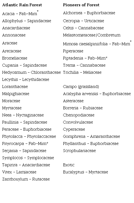 Composition of the actual plant vegetation considered in the T�lia program for analysis of the sediment core from the Camorim dam, PBSP, RJ. 