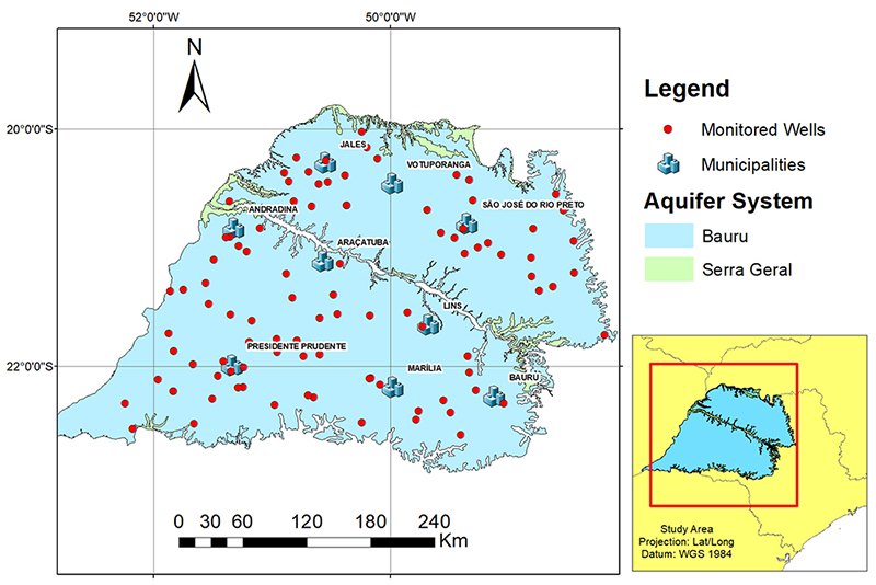 Study area (CETESB monitoring wells, 2016-2018).