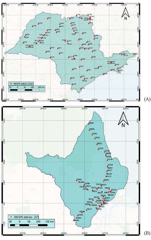 Study regions with the BGS RN/GPS stations spatial coverage: A. São Paulo; B. Amapá.