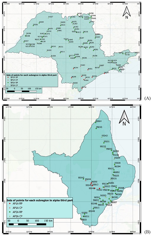 Clustering classification of points: A. in the first study region; B. in the second study region.