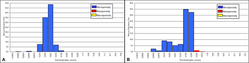 Histogram of limestone with: A. 100% microporosity; B. 99% microporosity and 1% mesoporosity.