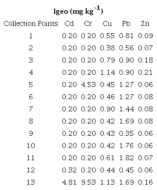 Index values Igeo at the 13 stations of urban zone.