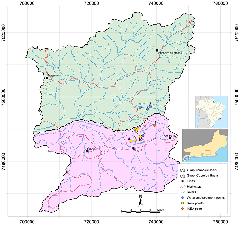 Sampling location points in the Guapi-Macacu and Guapi-Caceribu basins.