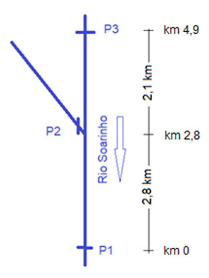 Schematic topological arrangement of the watercourse showing the distances between the collection points.