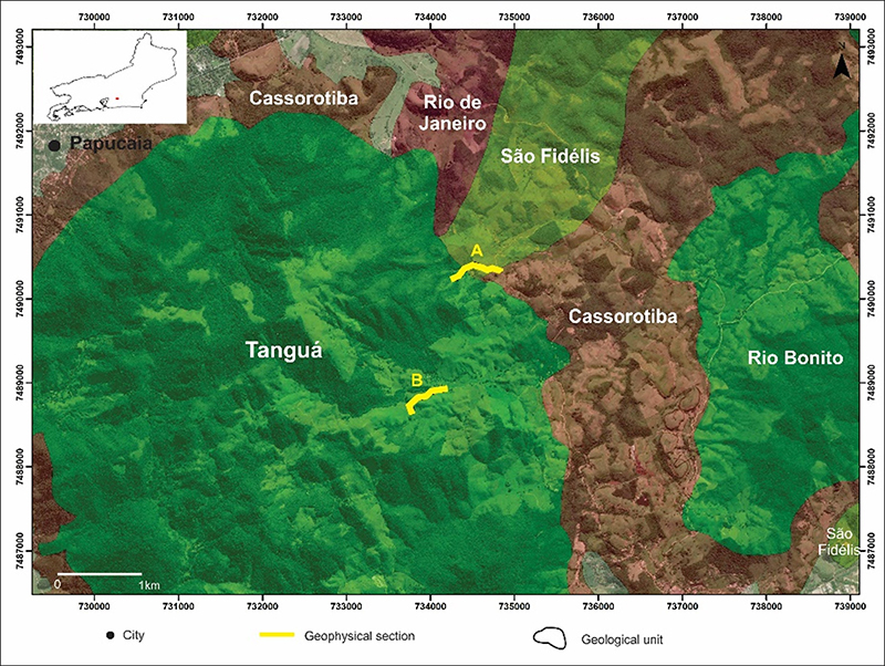 Geological map of the study region, with the main geological units and the location of terrestrial magnetometric geophysical profiles.