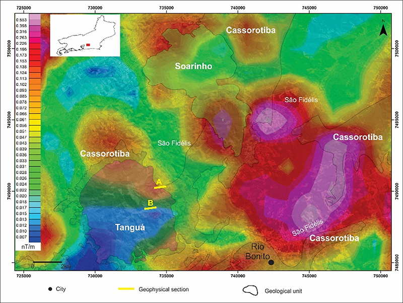 Map of the Amplitude of the Analytical Signal integrated to the limits of the main geological units of the study region.