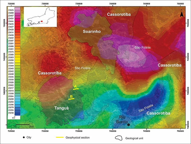 Map of the Total Magnetic Field integrated to the limits of the main geological units in the study region.