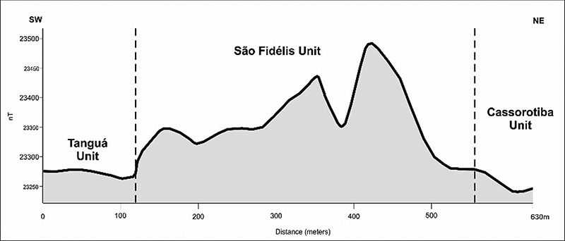 Magnetometric geophysical profile (A in Figures 3, 4 and 5) integrated with the geological data of the study area.