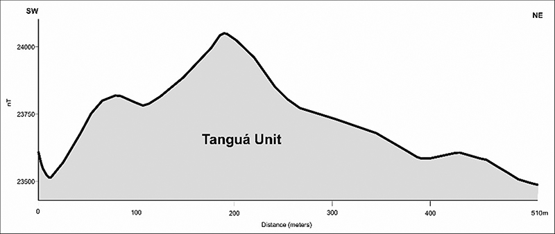 Magnetometric geophysical profile (B in Figures 3, 4 and 5) integrated with the geological data of the study area.