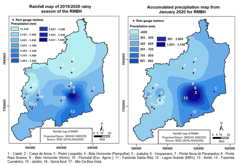 Accumulated precipitation: A. During the entire 2019/2020 rainy season; B. Accumulated rainfall in the month of January in RMBH.