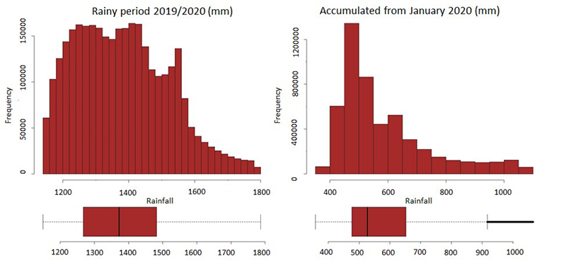 Statistical analysis: A. Rainfall data for the cumulative total of January 2020; B. 2019/2020 rainy period in RMBH.