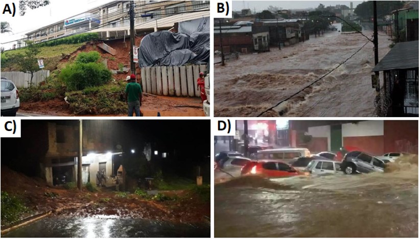 Events occurred in the 2019/2020 rainy season: A. Part of a slope slide on Raja Gab�gl�a Avenue, in the Western Region of BH (
                                G1 2020); B. Tereza Cristina Avenue flooding (
                                R7 2021); C. Street blocked by landslide in the Jardim Teres�polis (Betim) (
                                Itatiaia 2020); D. Flooding in Barreiro (
                                Estado de Minas 2020).