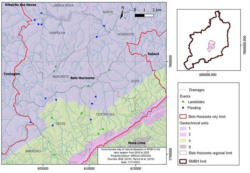 Location of natural disaster occurrences in 2018/2020 rainy season in RMBH.