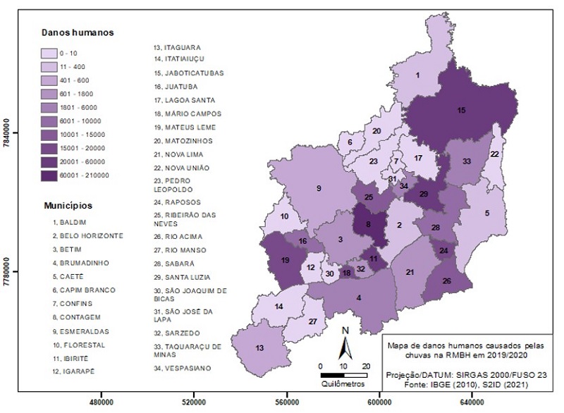 Map of human damage caused by rainfall during the first quarter of 2020 in RMBH (
                                S2ID 2021).