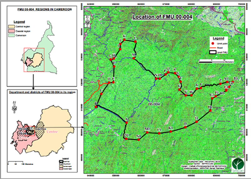 Location of FMU 00-004 in the Coastal and Centre Regions of Cameroon.
