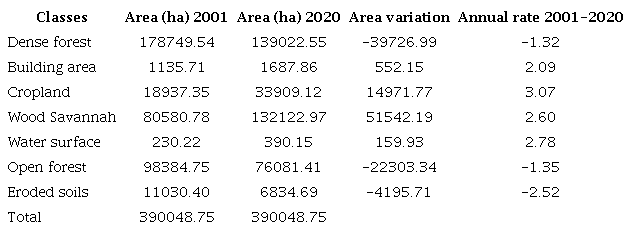 Evolution of the surface areas of the different land use categories between 2001 and 2020.